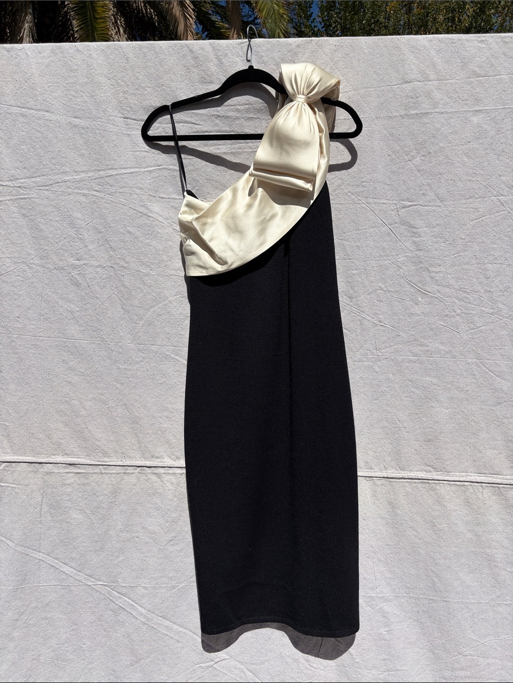 One-Shoulder Black and Cream Dress with Bow Accent